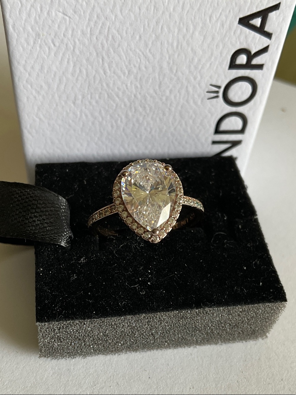 Pandora Rose Gold Pear Halo Engagement Ring with Large Clear Center Stone
